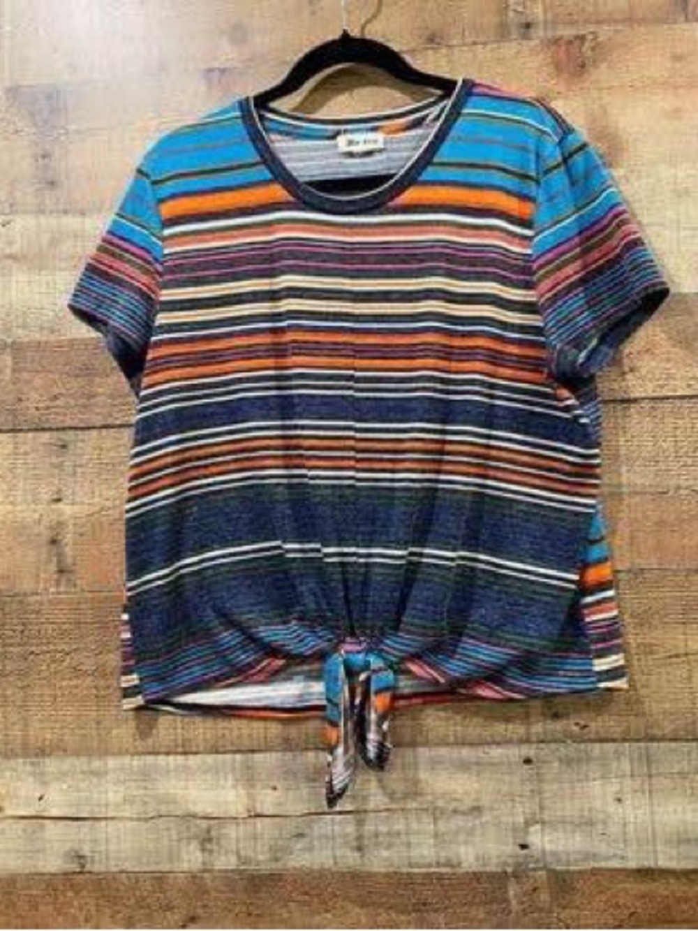 Striped Tie-Front Short Sleeve Tee - Blue Multi Size XL